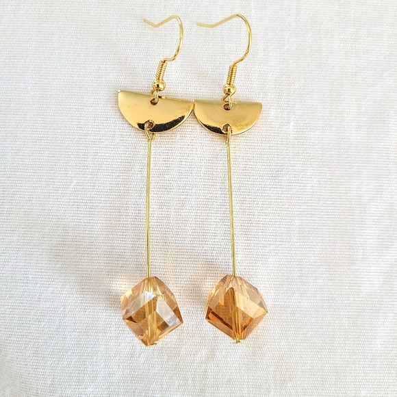 Subtle Delights Handmade Abstract Gold Tone & Cut Glass Cube Dangling Earrings - Picture 2 of 4